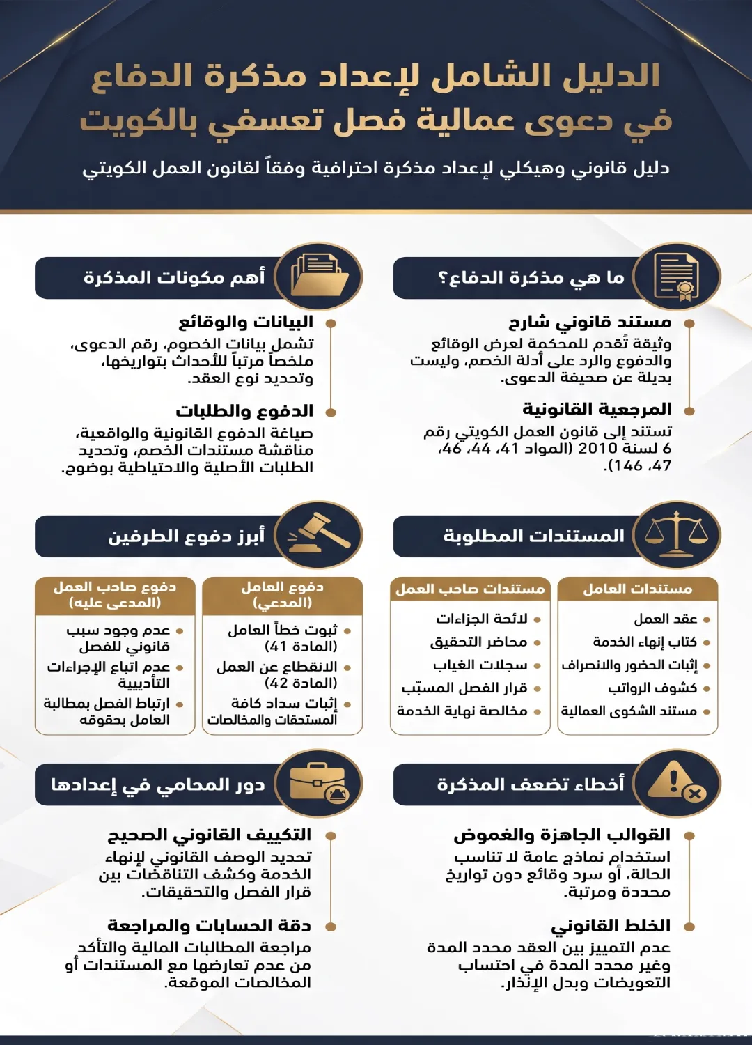 إنفوغرافيك يوضح مذكرة دفاع في دعوى عمالية فصل تعسفي بالكويت وأهم المستندات والدفوع القانونية.