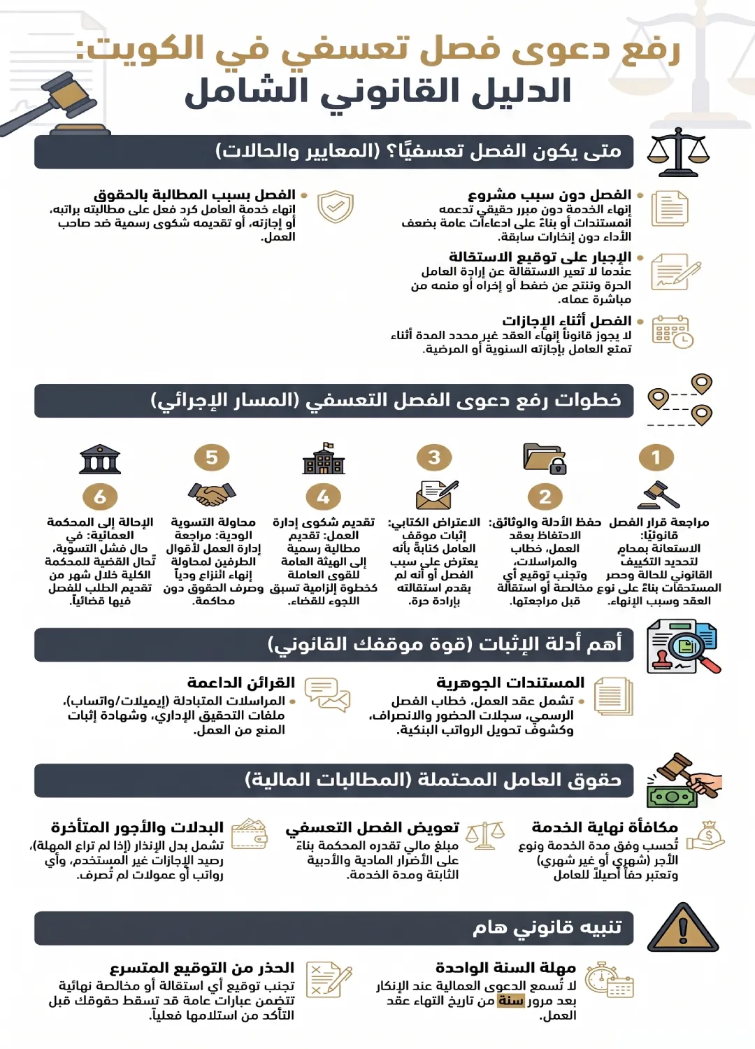 إنفوغرافيك يوضح إجراءات رفع دعوى فصل تعسفي في الكويت، وأدلة الإثبات وحقوق العامل والمدة القانونية للمطالبة.