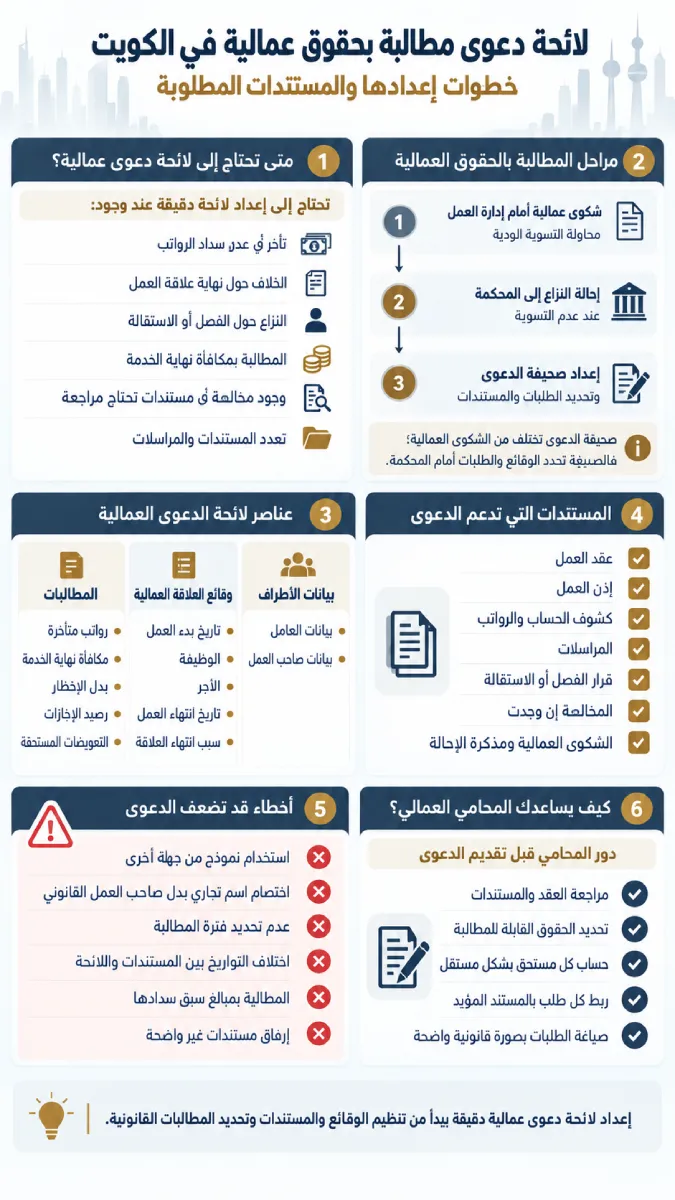 إنفوغرافيك يوضح خطوات إعداد لائحة دعوى مطالبة بحقوق عمالية في الكويت والبيانات والمستندات المطلوبة.
