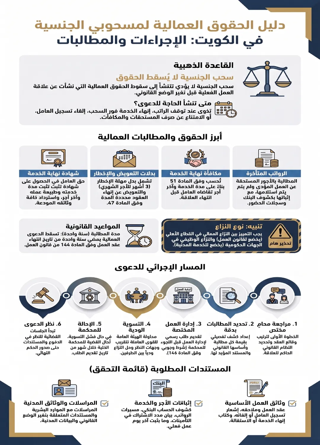 إنفوغرافيك يوضح دعوى عمالية لمسحوب الجنسية في الكويت، وأهم الحقوق والإجراءات والمستندات المطلوبة.
