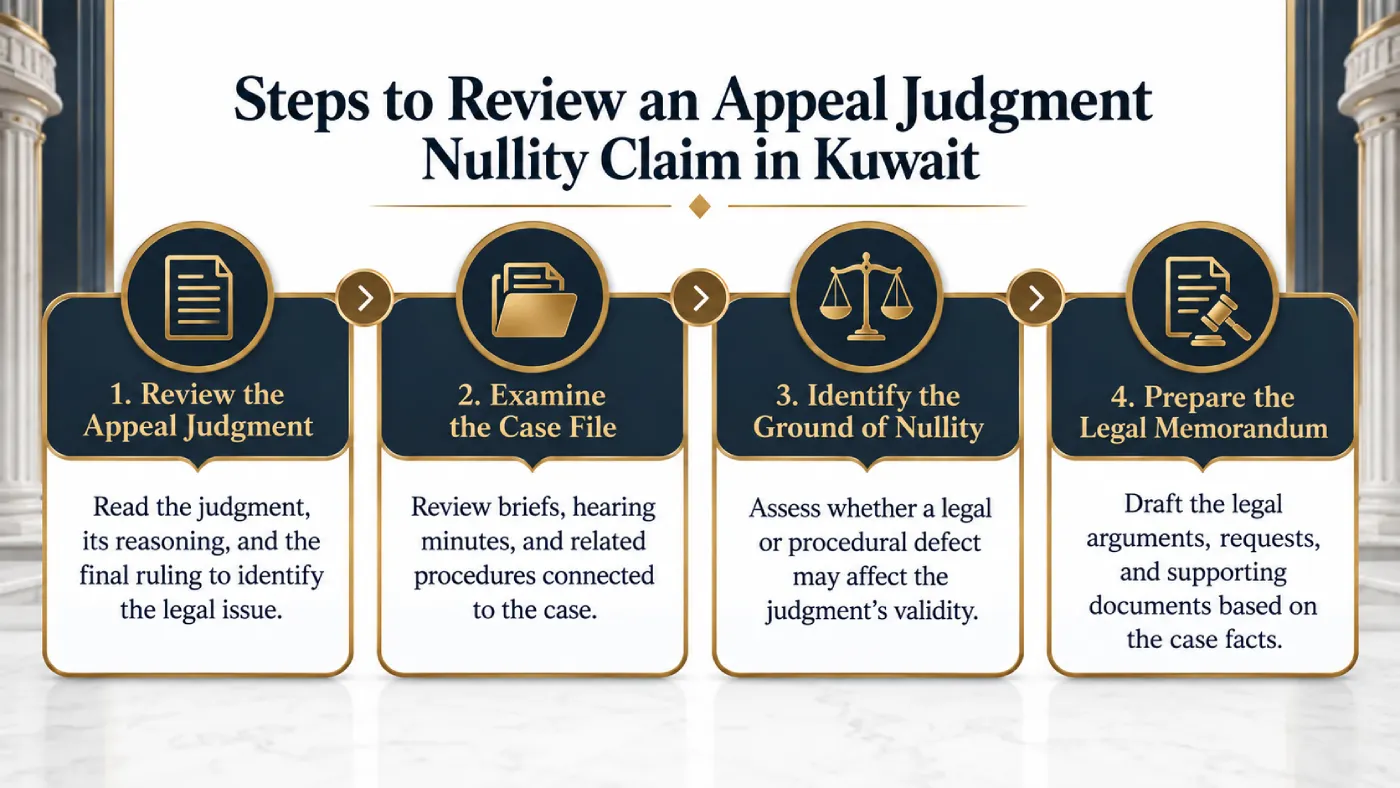 Steps for studying an Appeal Judgment Nullity Claim in Kuwait, reviewing the judgment and case file, and determining the appropriate legal procedure.