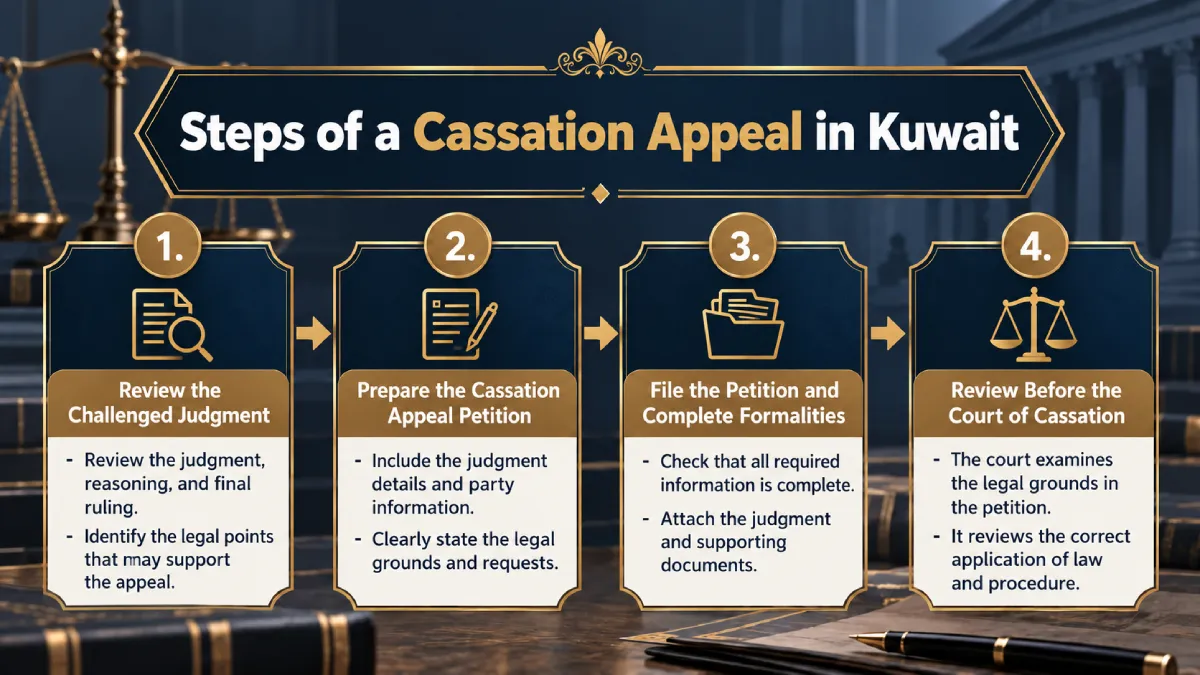Infographic explaining the steps of a cassation appeal in Kuwait, starting from reviewing the judgment and preparing the appeal petition until filing it and reviewing it before the Court of Cassation.