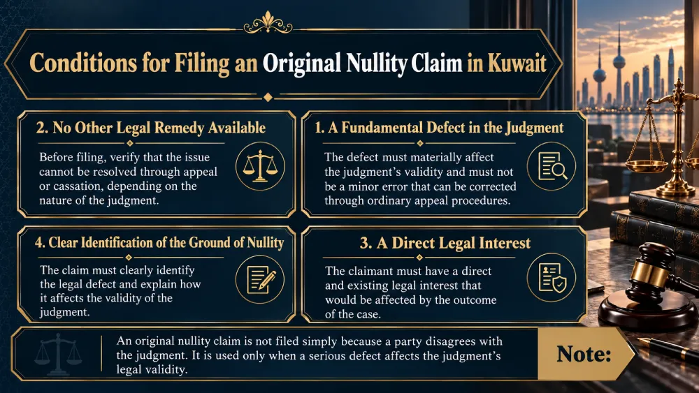 An infographic explaining the conditions for filing an original nullity claim in Kuwait, including the main legal requirements and when this claim can be used.