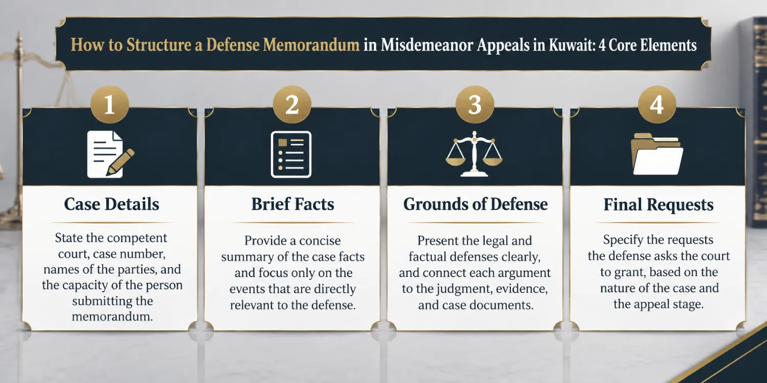 The essential elements for drafting a defense memorandum in misdemeanor appeals in Kuwait according to an organized legal approach