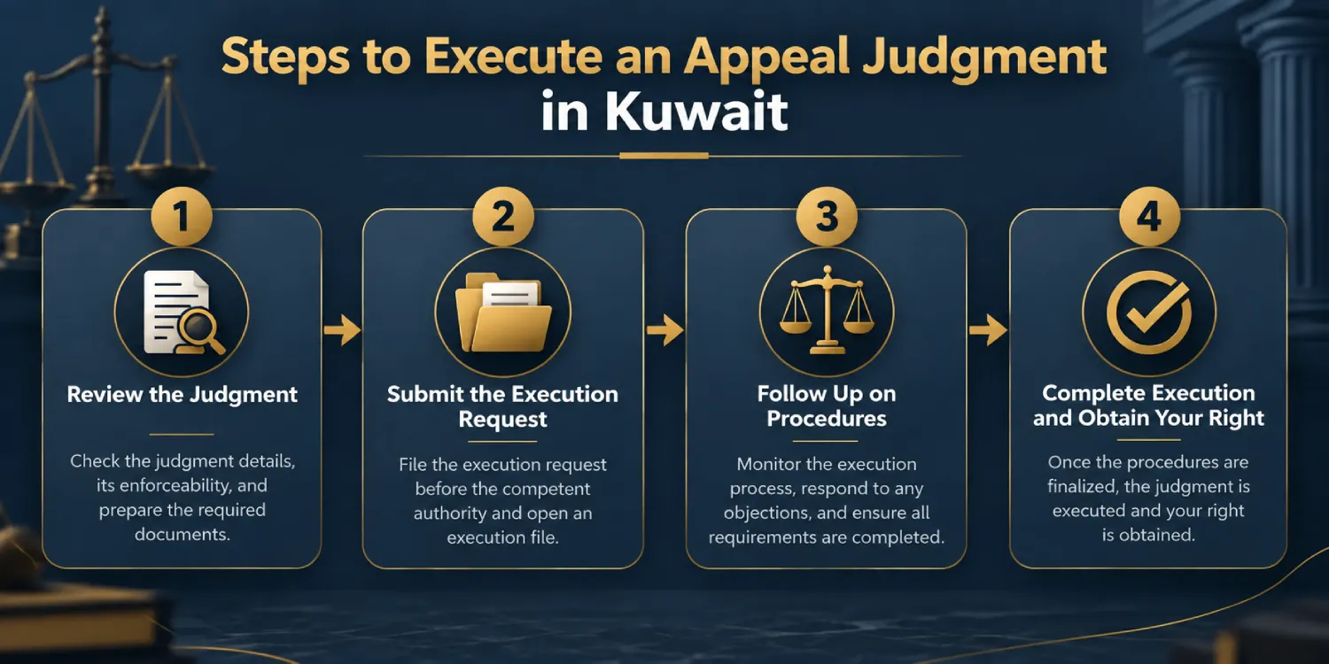 An infographic showing the steps for executing an appeal judgment in Kuwait through four stages: reviewing the judgment, opening an execution file, following up on procedures, and obtaining the right.