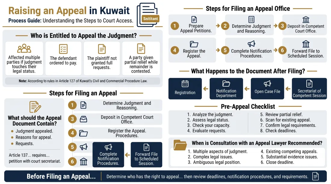 Infographic explaining the steps for filing an appeal in Kuwait and who has the right to challenge a judgment.
