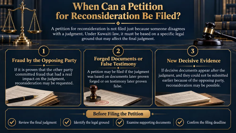An infographic explaining the cases and requirements of a Petition for Reconsideration Under Kuwaiti Law.