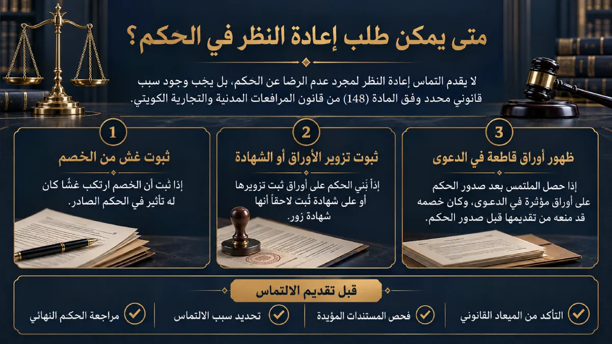 إنفوغرافيك يوضح حالات وشروط التماس إعادة النظر في القانون الكويتي.
