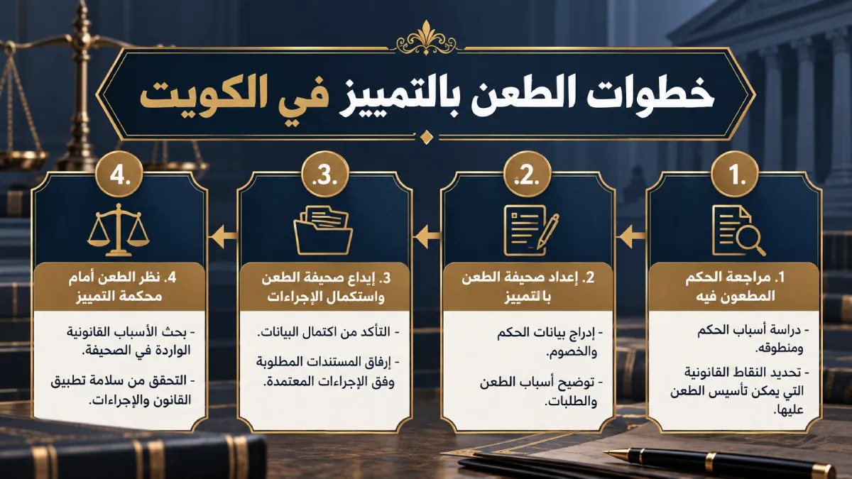 إنفوغرافيك يوضح خطوات الطعن بالتمييز في الكويت بدءًا من مراجعة الحكم وإعداد صحيفة الطعن حتى إيداعها ونظرها أمام محكمة التمييز.