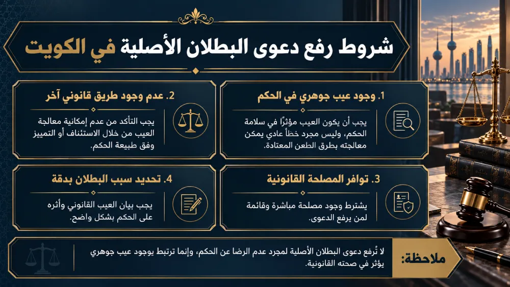 إنفوغراف يوضح شروط رفع دعوى البطلان الأصلية في الكويت مع عرض الضوابط القانونية الأساسية ومتى يمكن اللجوء إليها.