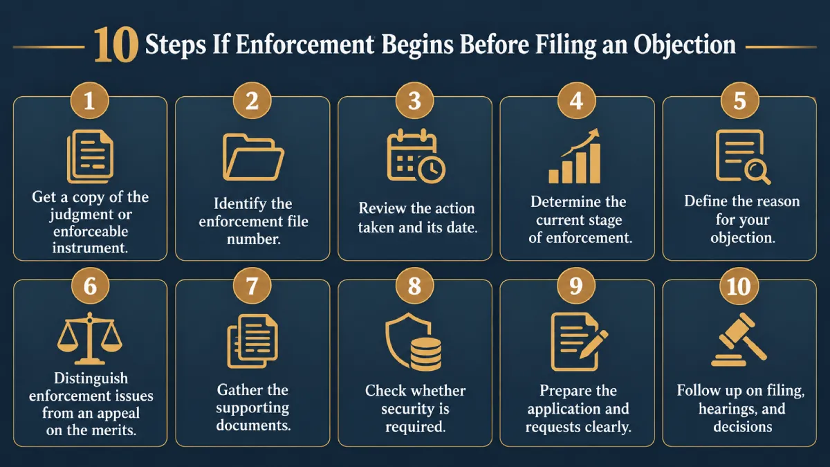 Infographic showing 10 steps to take when enforcement begins before filing an objection to enforcement in Kuwait, from reviewing the judgment to following up on registration and hearings.