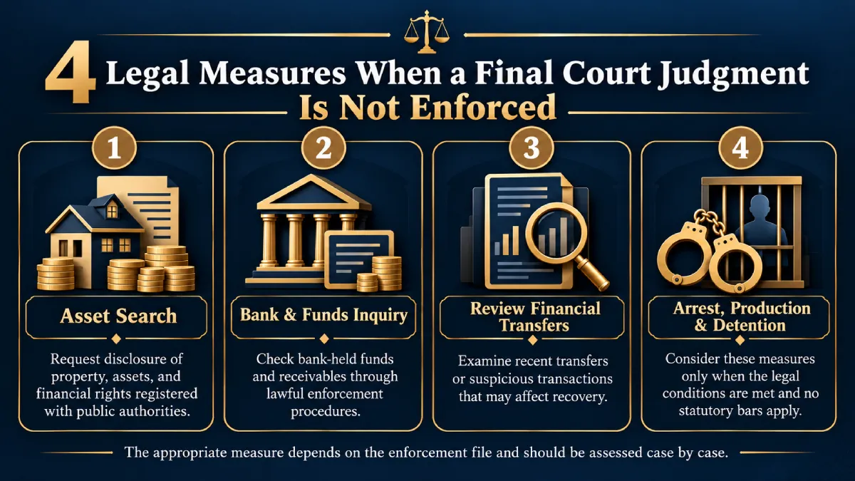 Infographic showing four legal measures available when a final court judgment is not enforced in Kuwait: asset and bank account disclosures, examination of financial transactions, arrest and production, and detention.