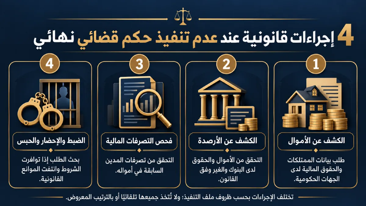 إنفوغرافيك يوضح 4 إجراءات قانونية عند عدم تنفيذ حكم قضائي نهائي في الكويت، تشمل الكشف عن الأموال والأرصدة وفحص التصرفات المالية والضبط والإحضار والحبس.