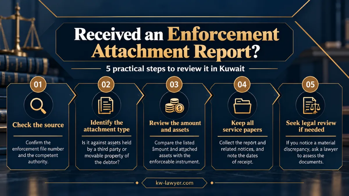 Legal infographic outlining five steps for reviewing an Enforcement Attachment Report in Kuwait: verify its source, identify the type of attachment, review the amount, keep service documents, and seek legal advice.
