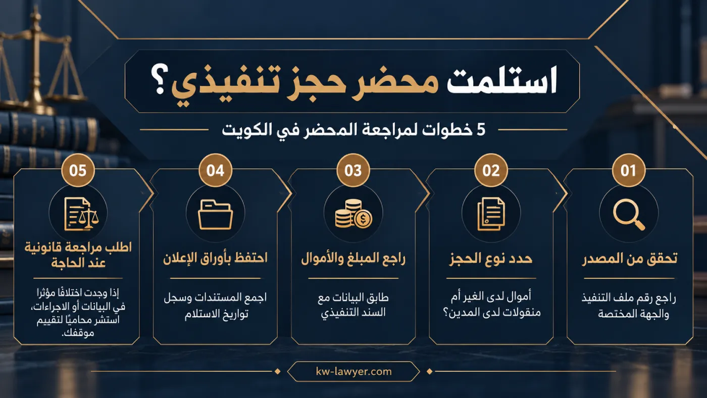 إنفوغرافيك قانوني يوضح 5 خطوات لمراجعة محضر حجز تنفيذي في الكويت، تشمل التحقق من المصدر، وتحديد نوع الحجز، ومراجعة المبلغ، والاحتفاظ بأوراق الإعلان، وطلب مراجعة قانونية.