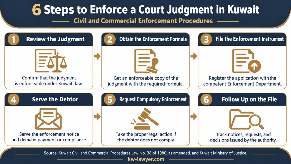 Infographic showing six steps for enforcing a court judgment in Kuwait, from reviewing the judgment and obtaining an enforceable copy to following up on the enforcement case.