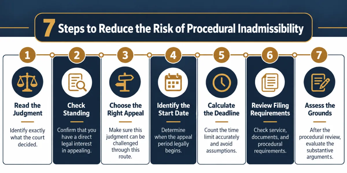 Infographic showing 7 steps to reduce the risk of an appeal being found inadmissible on procedural grounds in Kuwait, from reviewing the operative part of the judgment to assessing the grounds of appeal.