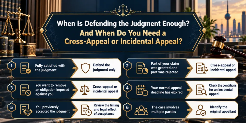 Infographic showing when defending the judgment is sufficient and when the respondent needs to file a cross-appeal or incidental appeal in Kuwait.