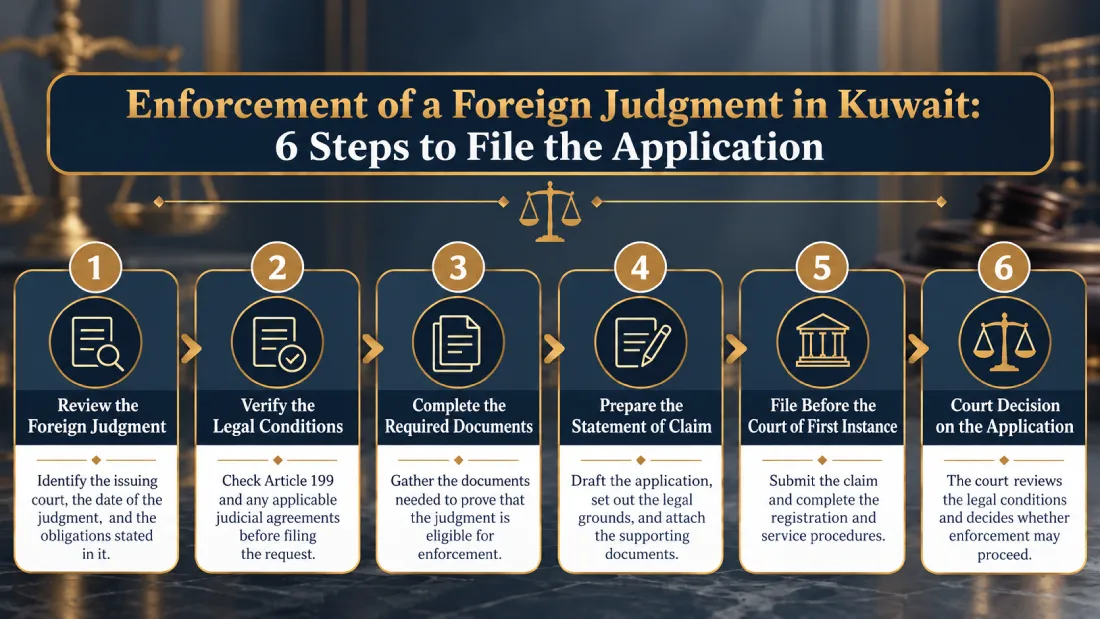 Infographic showing six steps to enforce a foreign judgment in Kuwait, from reviewing the judgment and checking legal conditions to filing the case and obtaining a court decision.