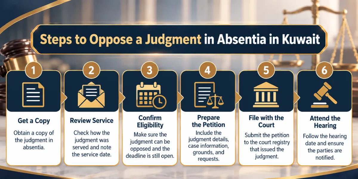 Infographic explaining the steps for filing an opposition to a judgment in absentia in Kuwait, from obtaining the judgment to scheduling the opposition hearing and notifying the parties. 