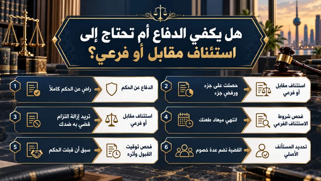إنفوغرافيك يوضح متى يكفي الدفاع ومتى يحتاج المستأنف عليه إلى استئناف مقابل أو فرعي في الكويت.