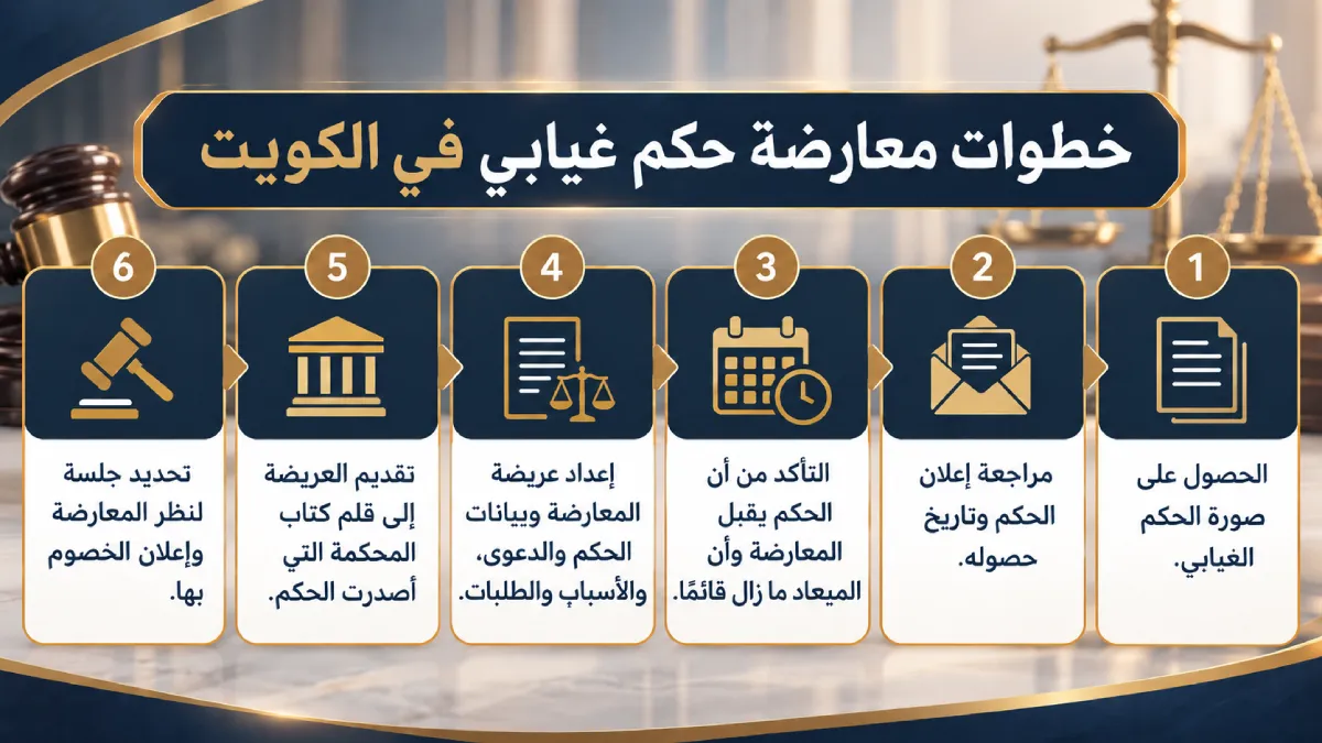 إنفوغرافيك يوضح خطوات معارضة حكم غيابي في الكويت من الحصول على الحكم حتى تحديد جلسة المعارضة وإعلان الخصوم.
