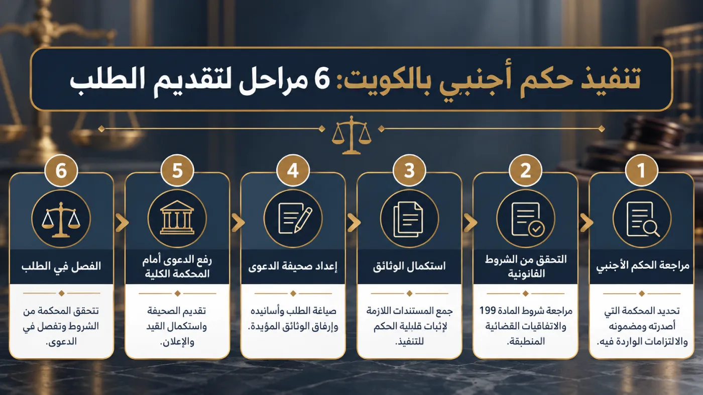 إنفوجرافيك يوضح 6 مراحل لتنفيذ حكم أجنبي بالكويت، من مراجعة الحكم والتحقق من الشروط القانونية إلى رفع الدعوى أمام المحكمة الكلية والفصل في الطلب.