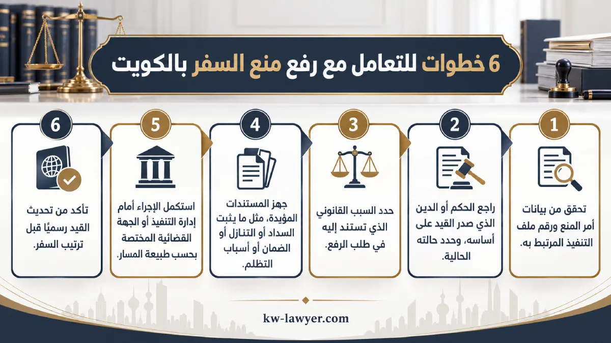 إنفوغرافيك يوضح 6 خطوات للتعامل مع رفع منع السفر بالكويت، من التحقق من أمر المنع حتى تحديث القيد رسميًا.